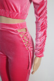 Solid Velvet Hooded Crop Top and Lace Up Pants Set