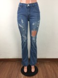 Blue Slit Bottom Ripped Holes Jeans