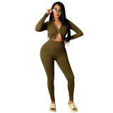 Fitted Zip Up Crop Top and Pants Two Piece Set