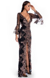 Sequin Front Slit V-Neck Long Evening Dress