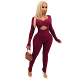 Solid Cutout Ribbed Bodycon Jumpsuit