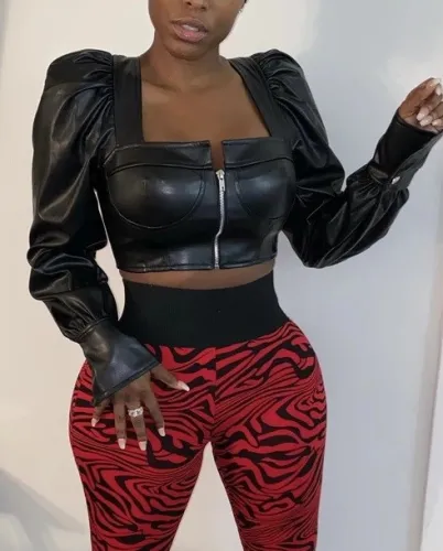 Black PU Leather Puff Sleeve Zip Up Crop Top