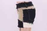 Colorblock Contrast Fringe Denim Shorts