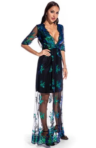 Floral Sequin Deep-V Long Evening Dress
