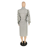 Plain Puff Sleeve Belted Long Coat