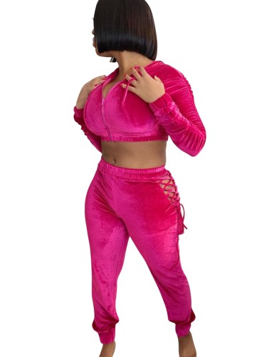 Solid Velvet Hooded Crop Top and Lace Up Pants Set