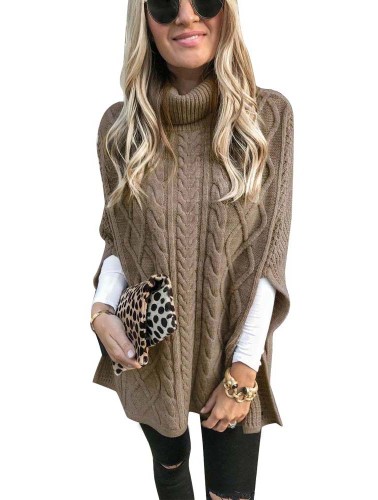 High Neck Slit Pullover Cape Sweater