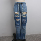 Street Style Contrast Ripped Holes Blue Jeans