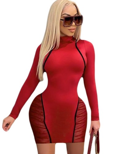 Sexy Mesh Patchwork Long Sleeve Bodycon Dress