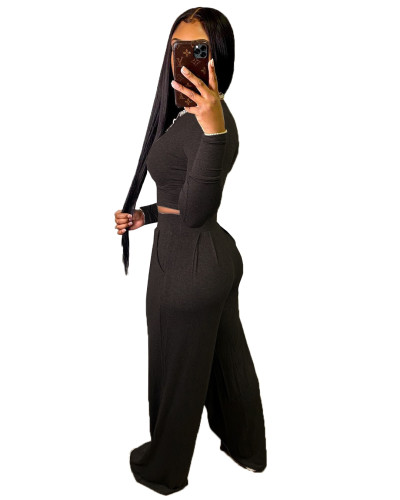 Solid Leisure Basic Top and Wide Leg Pants Set