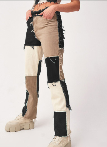 Contrast Colorblock Fringe Straight Leg Jeans