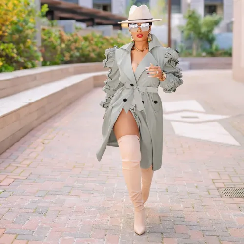 Plain Puff Sleeve Belted Long Coat
