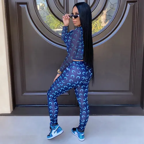Print Fitted Zipper Top and Matching Pants Set