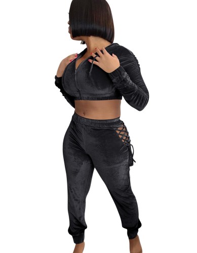 Solid Velvet Hooded Crop Top and Lace Up Pants Set