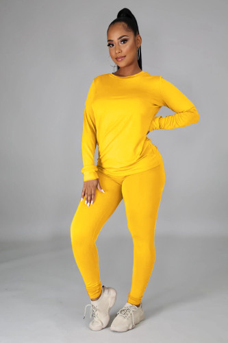 Blank Round Neck Basic Top and Pants Set