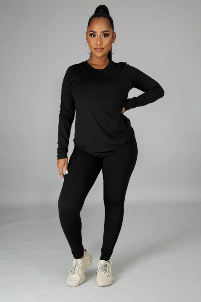 Blank Round Neck Basic Top and Pants Set