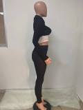 White & Black Ribbed Fitted Crop Top and Pants Set