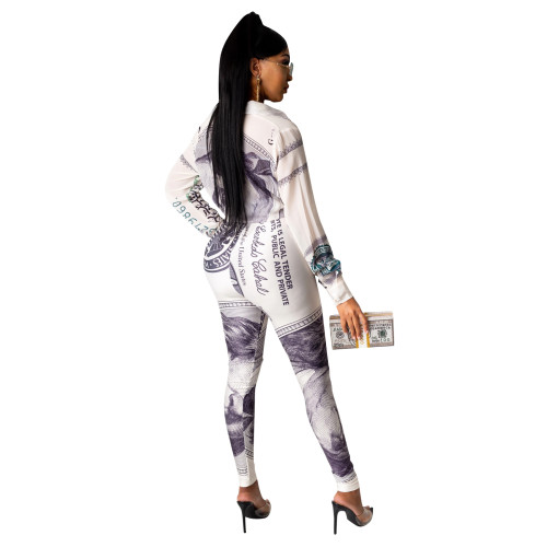Dollar Print Tie Front Blouse and Pants Two Piece Set