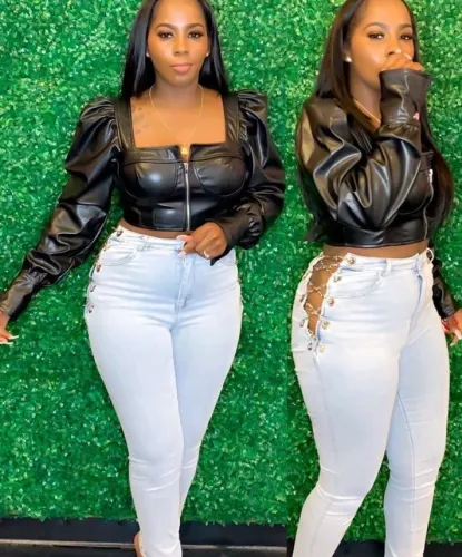 Black PU Leather Puff Sleeve Zip Up Crop Top