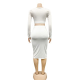 Solid Color Crop Top and Slit Drawstring Skirt Set