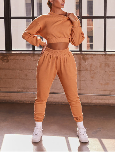 Leisure Blank Crop Top and Pants Two Piece Set