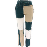 Contrast Colorblock Fringe Straight Leg Jeans