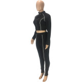 Solid Fitted Mock Neck Zipper Crop Top and Pants Set