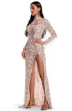 Sequin Side Slit Fringe Long Evening Dress