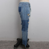 Street Style Contrast Ripped Holes Blue Jeans
