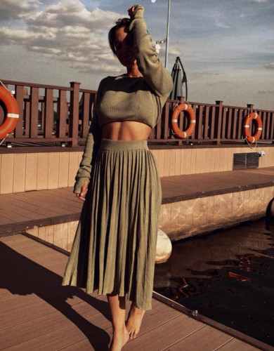 Knitted Crop Top and Matching Slit Long Skirt Set