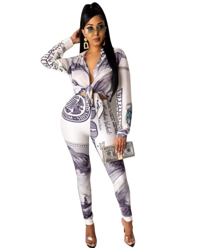 Dollar Print Tie Front Blouse and Pants Two Piece Set