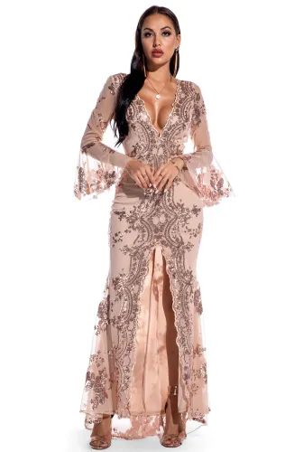 Sequin Front Slit V-Neck Long Evening Dress