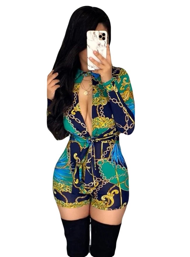 Chain Print Plunge Long Sleeve Bodycon Rompers