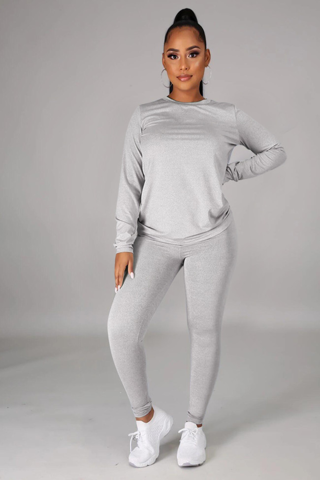 Blank Round Neck Basic Top and Pants Set