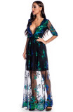 Floral Sequin Deep-V Long Evening Dress