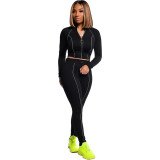 Solid Fitted Mock Neck Zipper Crop Top and Pants Set