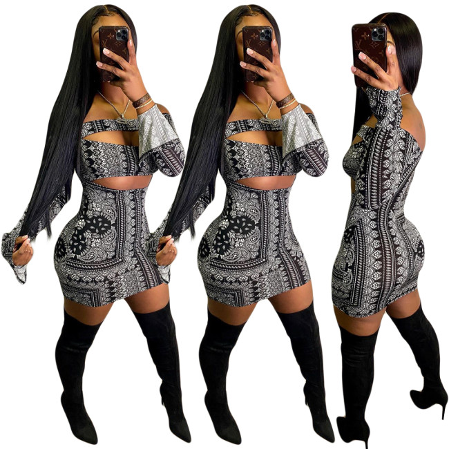 Print Black Cut Out Off Shoulder Bodycon Mini Dress