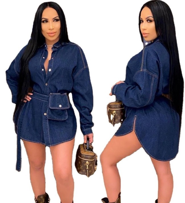 Dark Blue Curve Hem Belted Denim Blouse