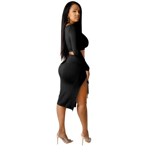 Solid Color Crop Top and Slit Drawstring Skirt Set