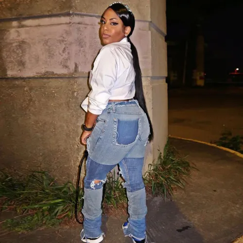 Street Style Contrast Ripped Holes Blue Jeans