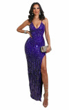 Sexy Strappy Back Side Slit Sequin Evening Dress