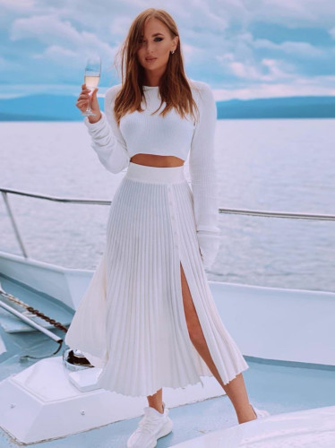 Knitted Crop Top and Matching Slit Long Skirt Set
