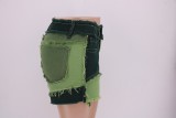 Colorblock Contrast Fringe Denim Shorts