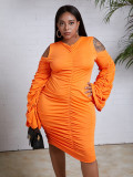 Plus Size Sexy Cold Shoulder Ruched Wide Sleeve Bodycon Dress