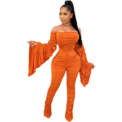 Plus Size Sexy Off Shoulder Ruched Wide Sleeve Jumpsuit