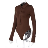 Solid Button Long Sleeve Turn Down Collar Bodysuit