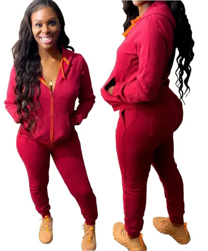Solid Pocket Zipper Hooded Tracksuit