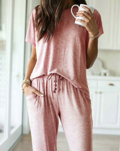 Hot Sale Solid Round Neck Top and Pants Pajama Set