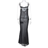 Black Dotted See Through Cami Long Dress