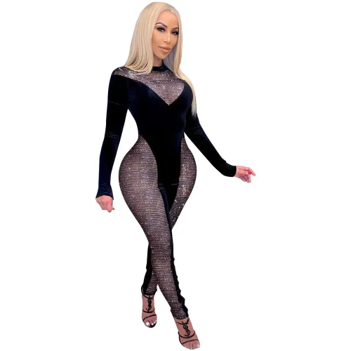 Wholesale Contrast Panel Black Velvet Bodycon Jumpsuit